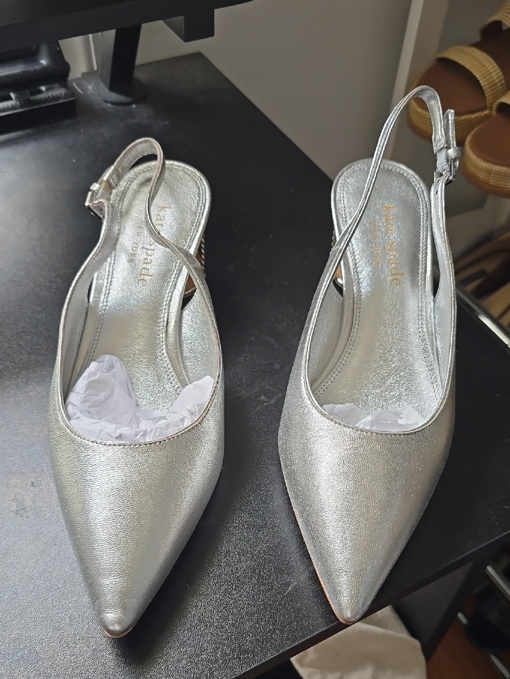 KATE SPADE Metallic Silver Pointed Slingback Heels - Women